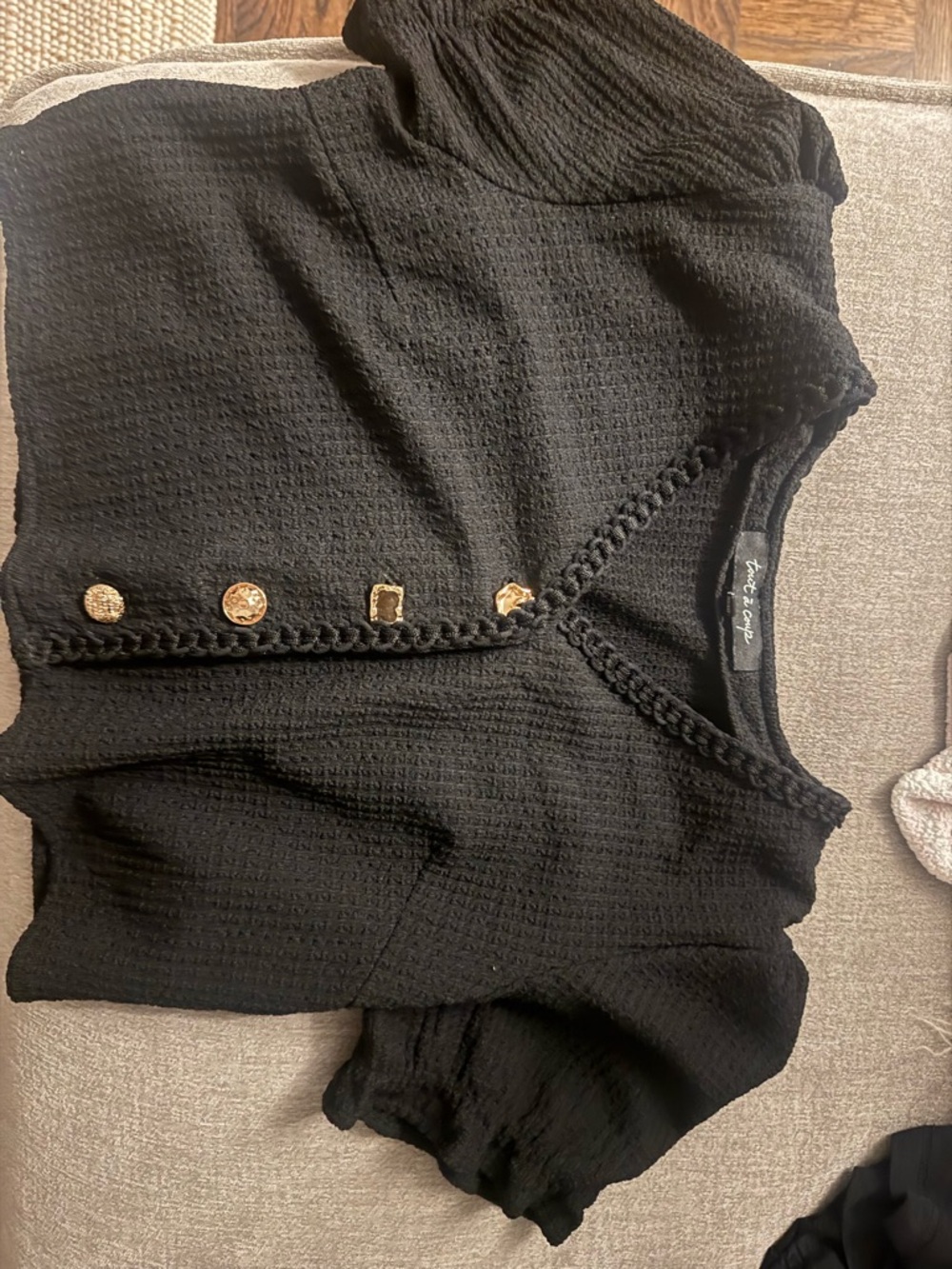 Black Textured Knit Top with Gold Buttons